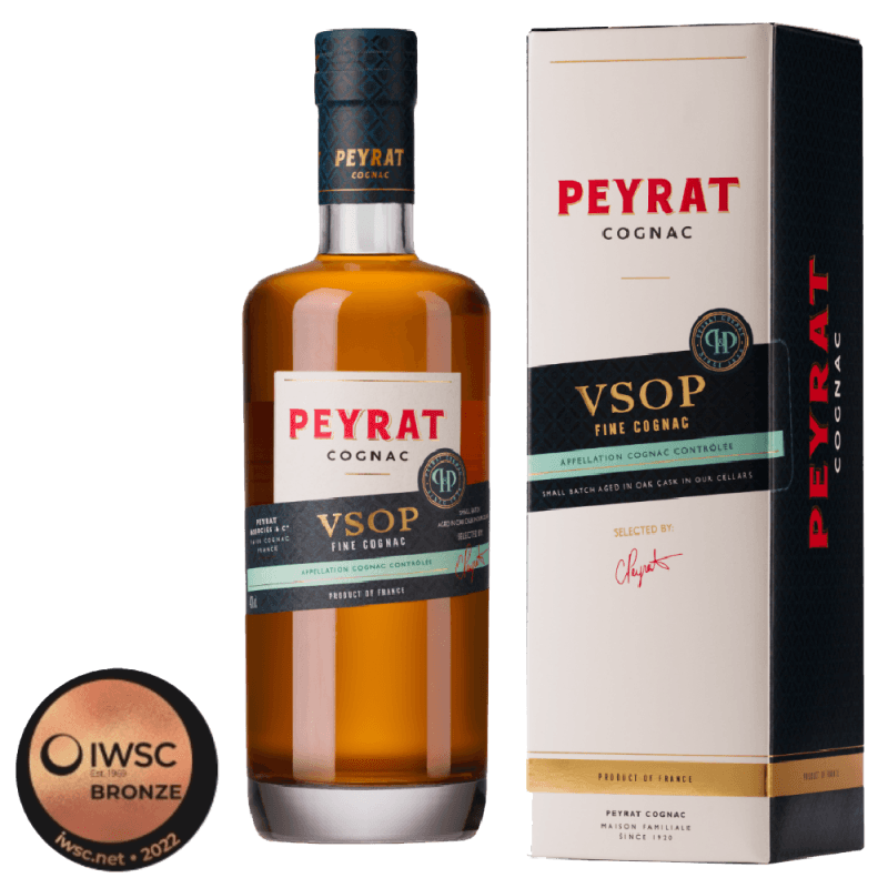 Discover Peyrat Cognac VSOP, a 5–6-year-old VSOP blend from Fins Bois, Petite Champagne and Grande Champagne. Brilliant gold, ripe fruit, warm spice and an elegant finish.