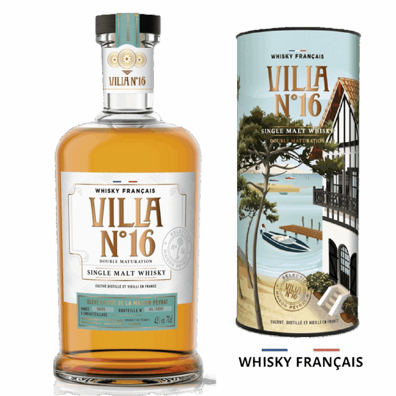 Discover Villa No.16 French single malt whisky with golden hues, vanilla, toasted oak, and a lightly smoky finish.